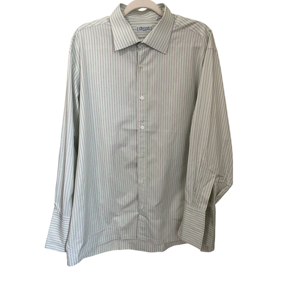 Charvet Paris Mens Dress Shirt 17.5 L Green Pink Stripe French Cuff Cotton